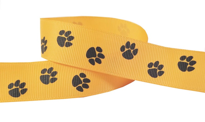Paw Prints Ribbon for Crafts Grosgrain Ribbon for Gift Wrapping, Cheer Bows (10yd 7/8" Paw, Yellow Gold/Black)